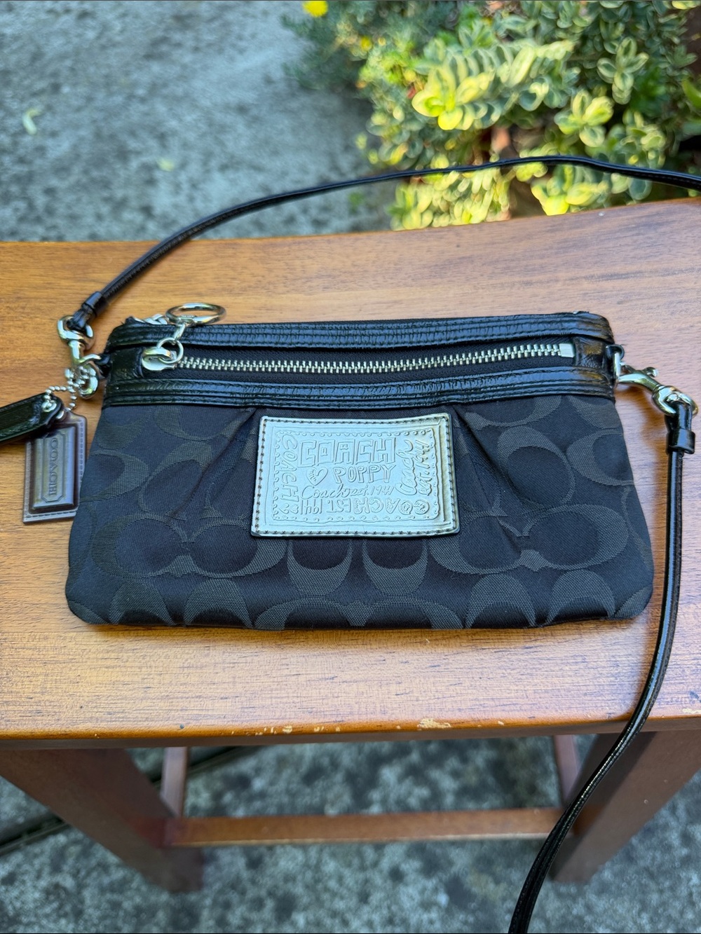 Coach Black Signature Wristlet Crossbody with Leather Trim